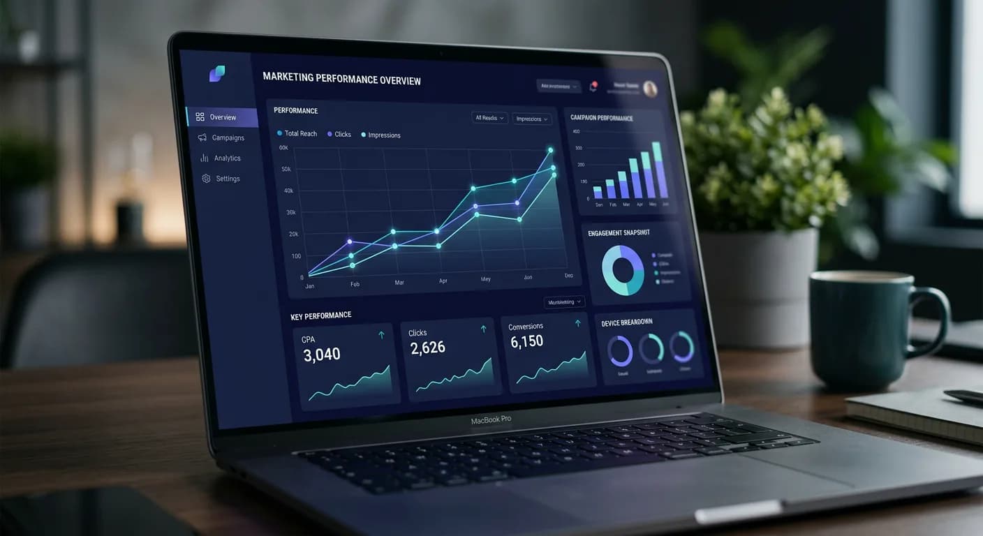 AI marketing dashboard showing Meta ads performance and engagement metrics