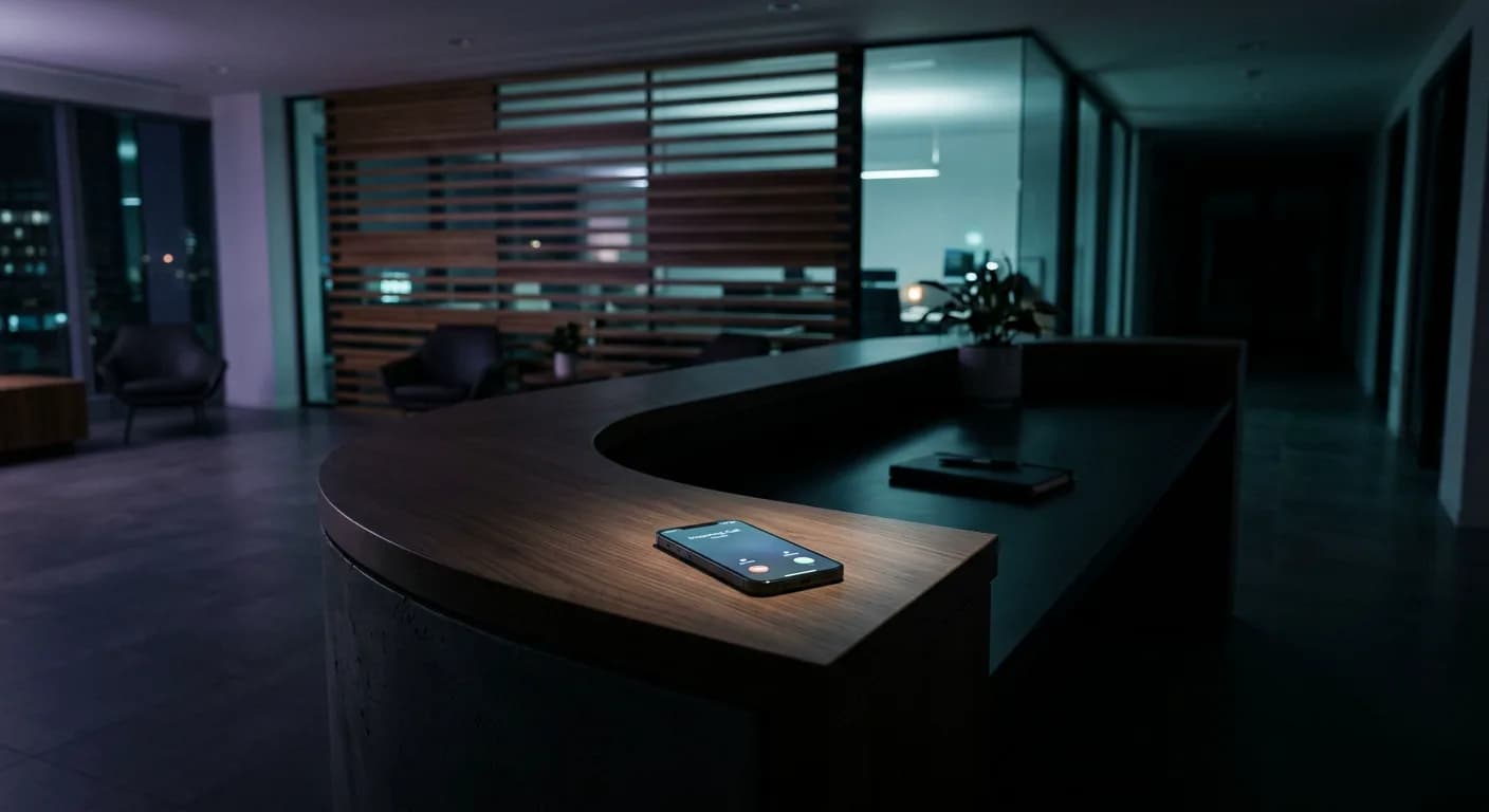 Modern reception desk at night with a phone glowing indigo — representing the AI receptionist answering calls 24/7